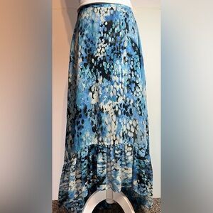 ELLE Blue Abstract Print High Low Maxi Skirt Size 16 Ruffle Hem